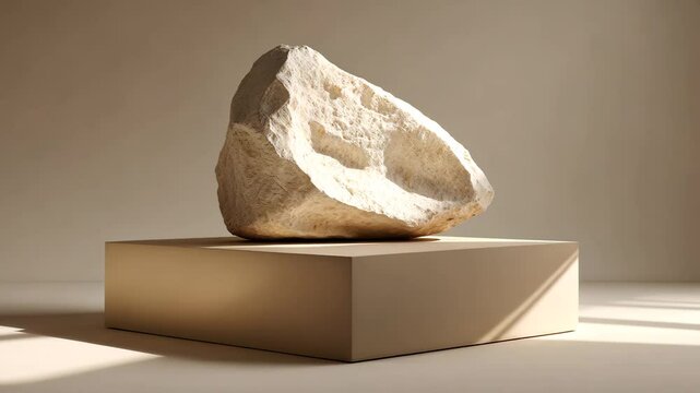Cosmetic product presentation on a stone platform. Minimalist abstract background. Single rock formation. Studio setting. Display scene. Showcase case. 3D frontal perspective. Elegant neutral tone.