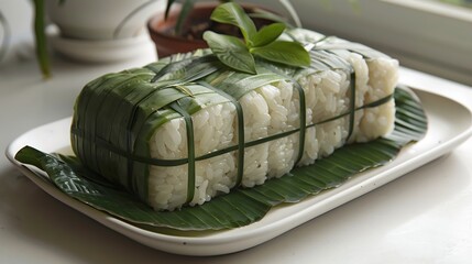Cambodian num ansom sticky rice cake wrapped banana leaves unwrapped and sliced on white dish
