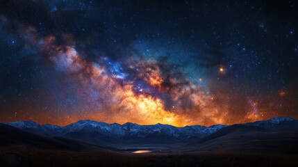 Vibrant Milky Way galaxy over snow-capped mountains and serene valley at night.