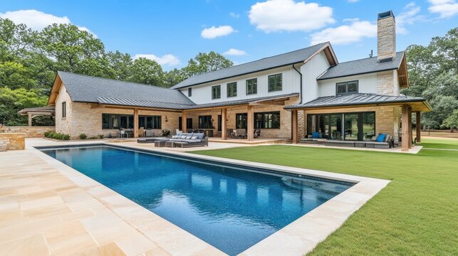 Large luxury home with a pool and landscaped exterior design