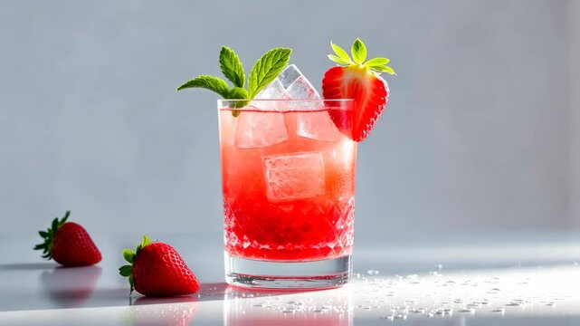 Alcohol-infused strawberry cold cocktail set against a white background. Traditional alcoholic drink.