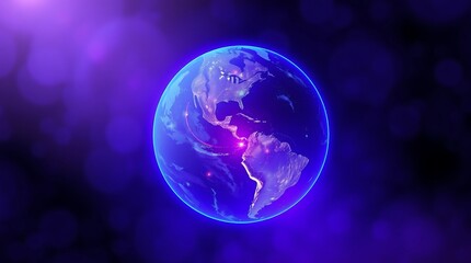 Naklejka premium Celestial Sphere: A mesmerizing digital artwork presents planet earth, rendered as a luminous globe amidst a cosmic void, showcasing continents illuminated with vibrant light.