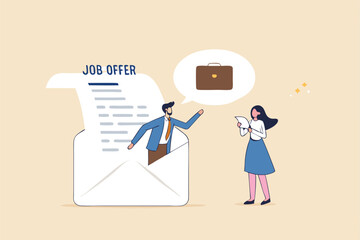 Job offer or new opportunity, career promotion or decision to change to new office, employment or recruitment, vacancy or hiring concept, businessman on email envelope offer new job to candidate.