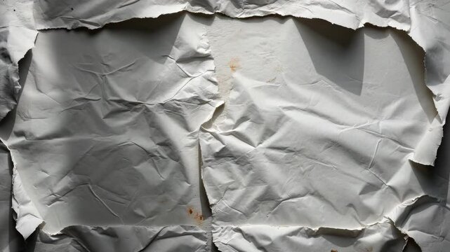 Aged white paper featuring rips and tears, blank background with creases and crumples, grunge textures suitable for poster surfaces and backdrops.