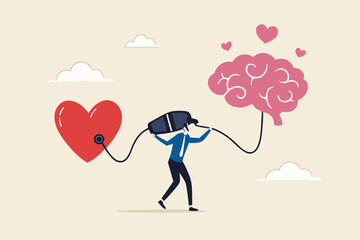 Emotional Intelligence, EI or control feeling and emotion with logical thinking brain, empathy or social skill, self control or balance concept, man connect heart feeling with logical thinking brain.