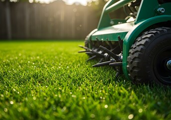 Lawn aerator machine, close-up view, sharp metal spikes, lush green grass, sunlit lawn, Garden roller aerator perforating grass turf for improved drainage and root growth