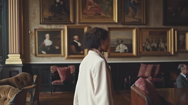 A medium shot of a woman in a tailored cream blouse adjusting her silk scarf as she prepares to speak. Behind her framed artworks in gold frames line the wall complementing the luxurious