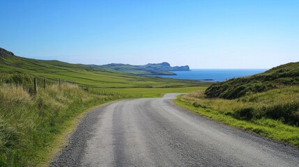 Fototapeta premium Winding coastal road through green hills and ocean views under a clear blue sky.