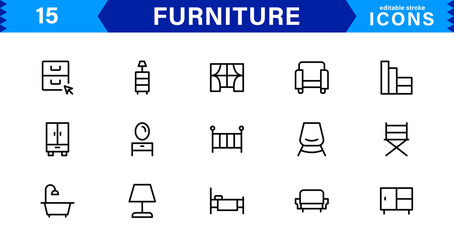 Complete Furniture Icon Set for Modern Design Projects. This Collection Features Chairs, Tables, and Stylish Home Decor Elements.