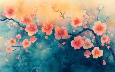Watercolor Floral Blossom Painting with Pink Flowers on Branches Against a Blue and Yellow Textured Background