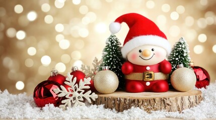 Obraz premium Festive snowman figurine on wooden slice with Christmas ornaments