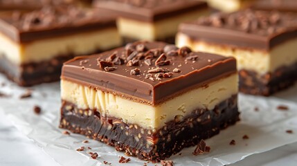 Canadian Nanaimo bars layered no bake dessert cut into squares arranged on white background