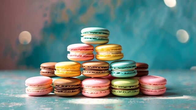 Macaroons in vibrant colors set against a vintage retro background.