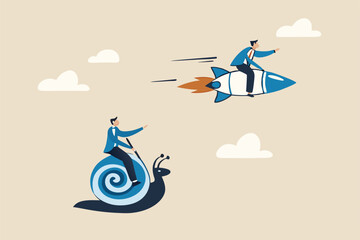 Boost fast speed to win business competition, high performance employee, competitive advantage winner, innovation or skill to success concept, businessman winner riding rocket, another on slow snail.