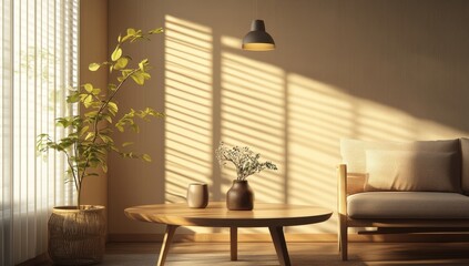 Cozy living room bathed in warm sunlight.  A minimalist space featuring natural light, a simple coffee table, potted plant, and light beige couch