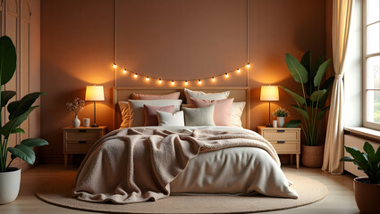 Cozy Bohemian Bedroom Interior with Warm Lighting and Plants