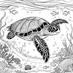 This beautiful sea turtle coloring page captures the grace and elegance of a majestic ocean creature. The detailed patterns on its shell make this illustration perfect for creative coloring