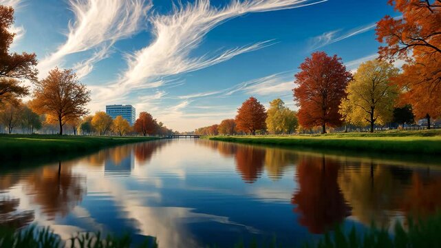 Uzh River in autumn: A drought season influenced by climate change, featuring clear skies, tree reflections along the bank, and a cityscape mirrored in the shallow water.