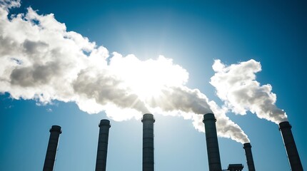 Smokestacks and Emissions: A poignant view of smokestacks billowing thick plumes of smoke against a vibrant blue sky, a stark reminder of industrial output and environmental concerns.