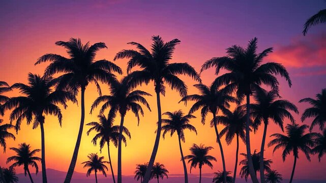 Outline of palm trees by the beach at sunset