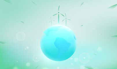 Green environmental protection horizontal illustration blue Earth and wind turbine