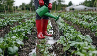 Fototapeta premium Watering Plants in a Vegetable Garden on a Cloudy Day
