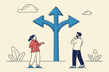 Direction choice, crossroad or decision for career path, choosing path way, challenge or opportunity doubt, determination or tough decision concept, business people thinking on difference career path.
