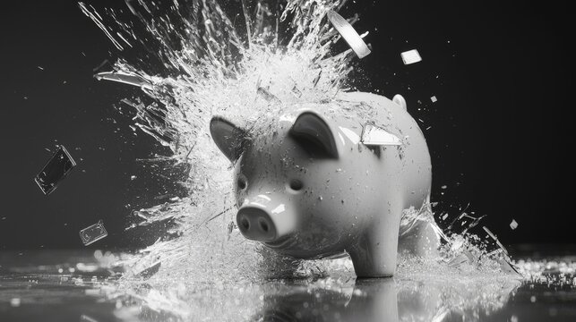 A piggy bank shattering in water, symbolizing financial loss and savings.