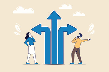 Direction choice, crossroad or decision for career path, choosing path way, challenge or opportunity doubt, determination or tough decision concept, business people thinking on difference career path.