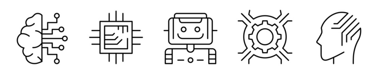 Conjunto de iconos de inteligencia artificial. Tecnología avanzada, automatización y pensamiento computacional. Cerebro conectado, chip, robot amigable, engranaje digital, mente tecnológica