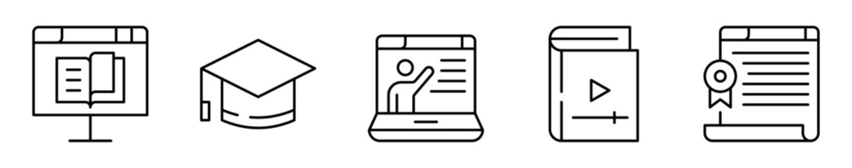 Conjunto de iconos de educación online. Aprendizaje virtual, formación a distancia y certificación digital. Libro en pantalla, birrete, clase virtual, contenido multimedia, diploma en línea