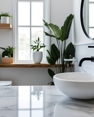 Fototapeta premium Minimalist bathroom interior with modern round mirror, marble countertop, and white vessel sink beside a large window and indoor plants, featuring natural daylight ambiance