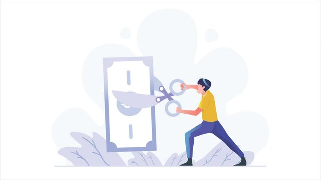 Person Cutting a Large Banknote Illustration Representing Cost Reduction