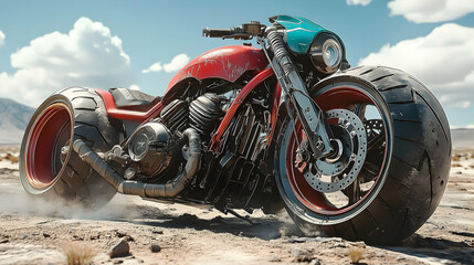A futuristic red motorcycle traveling through a desert landscape