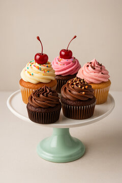 Cupcakes with pink, chocolate and vanilla frosting on display