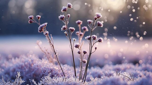 Delicate frosted openwork flowers. Gentle lilac winter background with frost. Charming winter morning with fresh air and drifting snowflakes.
