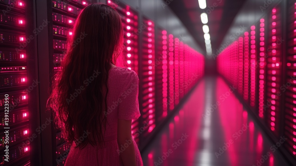 Poster woman in pink dress walks through a server room with rows of illuminated data storage racks.