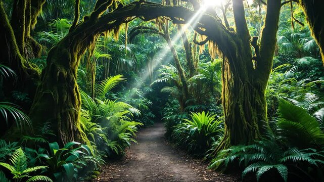 The trail winds through a dense rainforest abundant with different species of ferns.