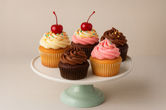 Assorted cupcakes with frosting and cherries on cake stand