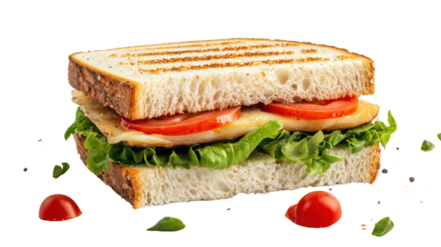 Delicious grilled sandwich with fresh ingredients cutout background household items studio setting