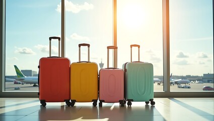 Colorful suitcases await takeoff sunny airport view vibrant travel bright hues journey prep