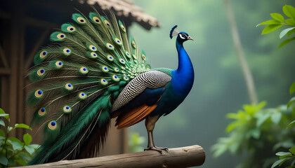 Obraz premium Elegant peacock displaying its colorful tail feathers in a misty setting
