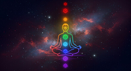 A neon-glowing silhouette meditating in a cosmic space, showcasing chakras in vibrant colors&mdash;red, orange, yellow, green, blue, indigo, and violet