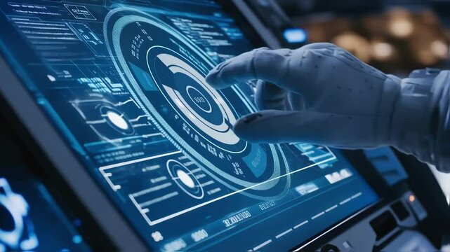 Astronaut wearing spacesuit gloves uses a futuristic touchscreen interface with holographic displays, navigating complex data and systems within a spacecraft