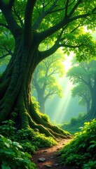 Naklejka premium Lush green canopy, ancient roots, dappled sunlight, pattern, nature photography, dense