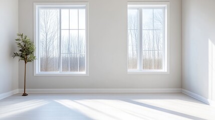 Fototapeta premium Empty room with large windows, sunlight, and a small potted tree