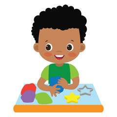 boy _ sculpting_2Cute little  boy sitting at a table sculpting from colored clay vector cartoon illustration