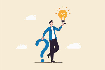 Question and answer, q and a or solution to solve problem, FAQ frequently asked question, help or creative thinking idea concept, smart businessman holding question mark sign and lightbulb solution.