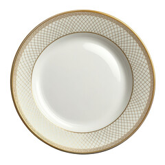 Ornate porcelain plate with gold trim isolated on transparent background