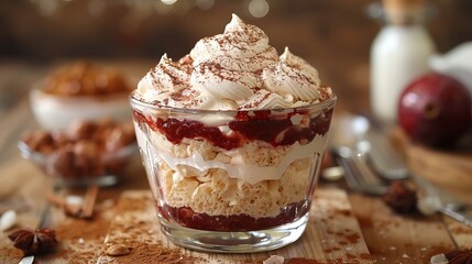 Colombian merengn meringue dessert guava paste and whipped cream layered in glass dish on white
